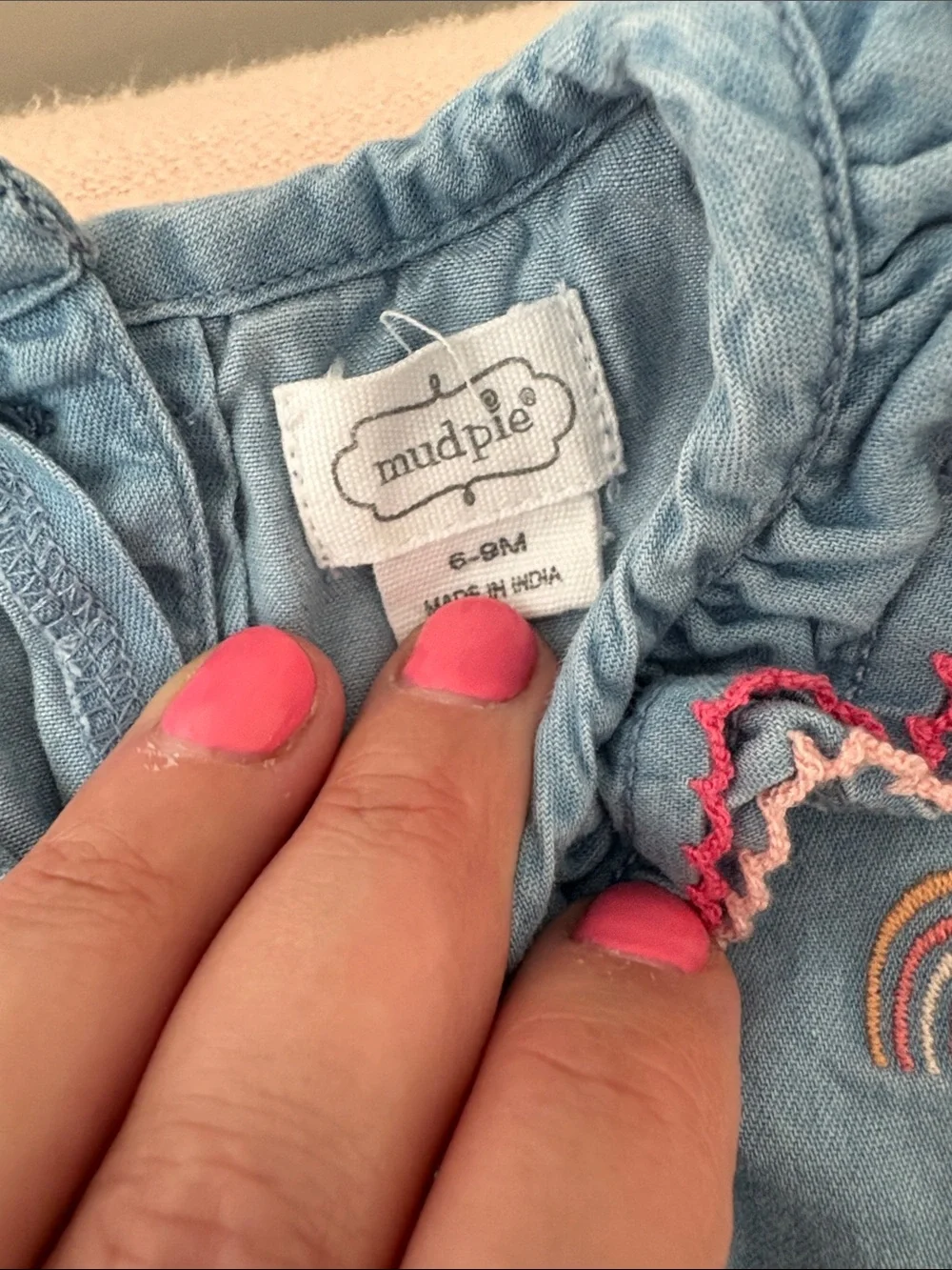 MudPie Baby Light Blue Denim Rainbow Top & Bloomers Set 6-9m